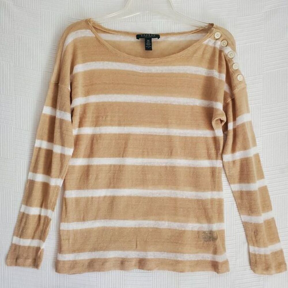 Lauren Ralph Lauren Beige Linen‎ Sweater Women Medium Petite Coastal Classic